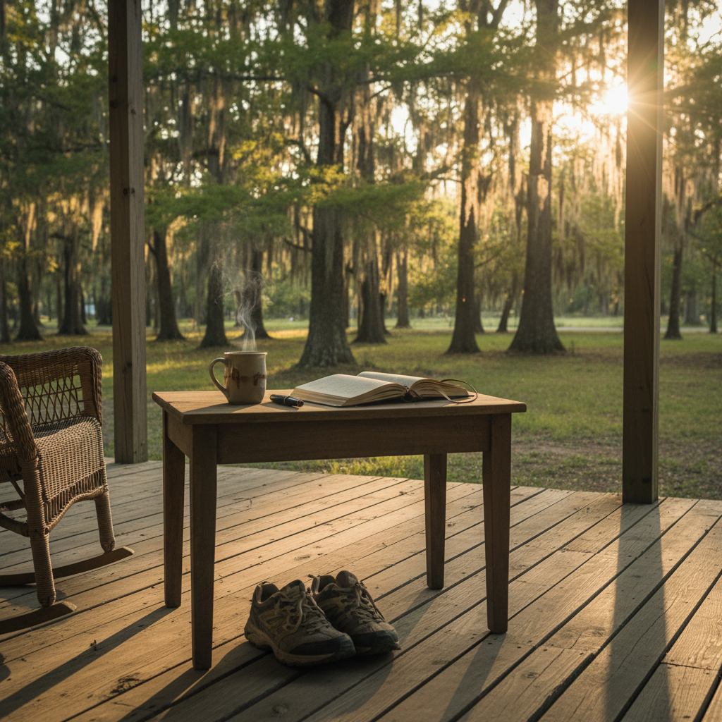 Morning porch with coffee, journal, and Louisiana trees
