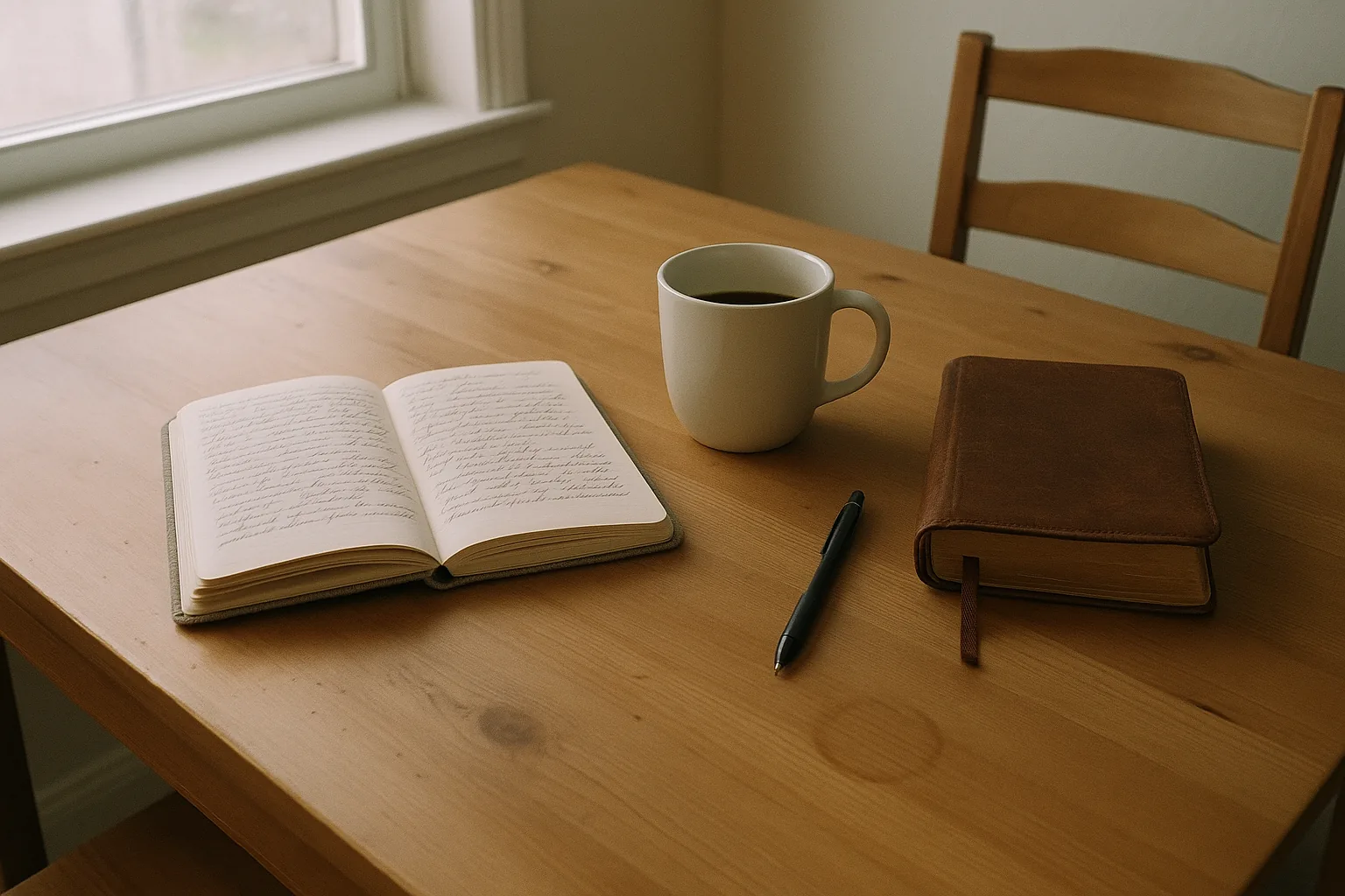 Morning porch with coffee, journal, and Louisiana trees