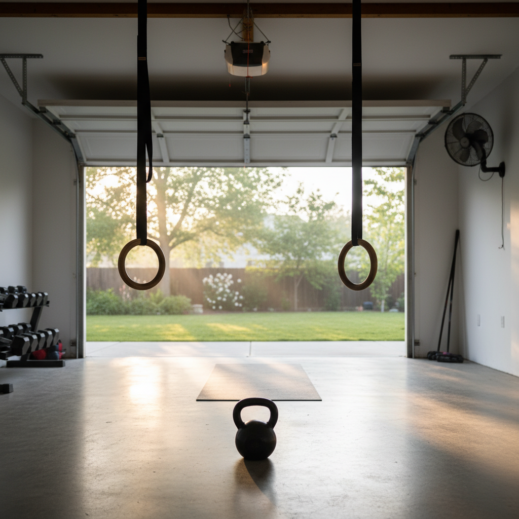 Garage gym with kettlebell, rings, and morning light