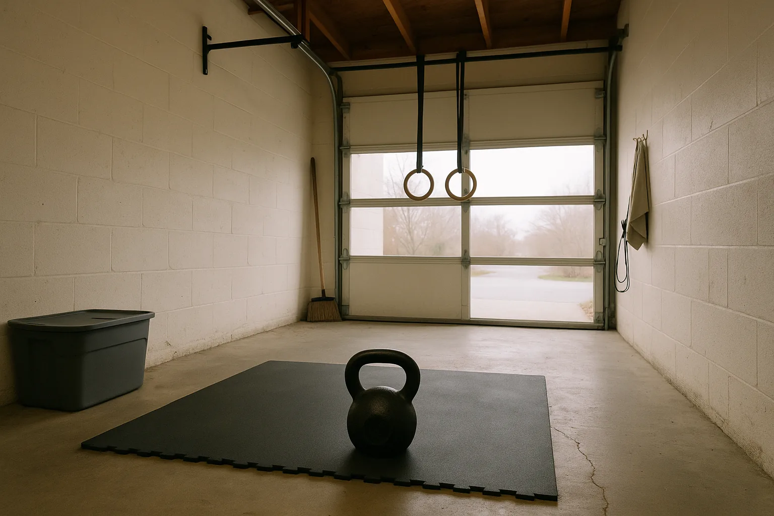Garage gym with kettlebell, rings, and morning light