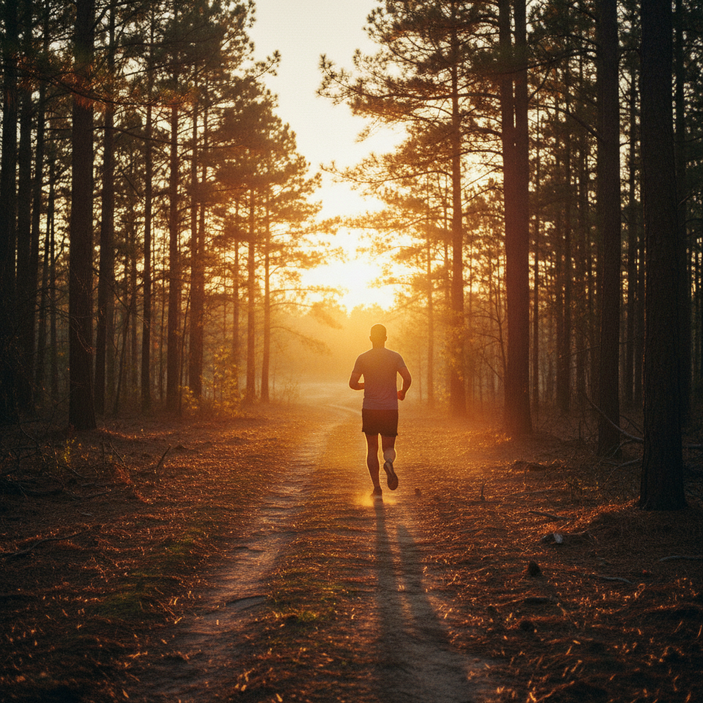 Running through Louisiana pine forest at golden hour