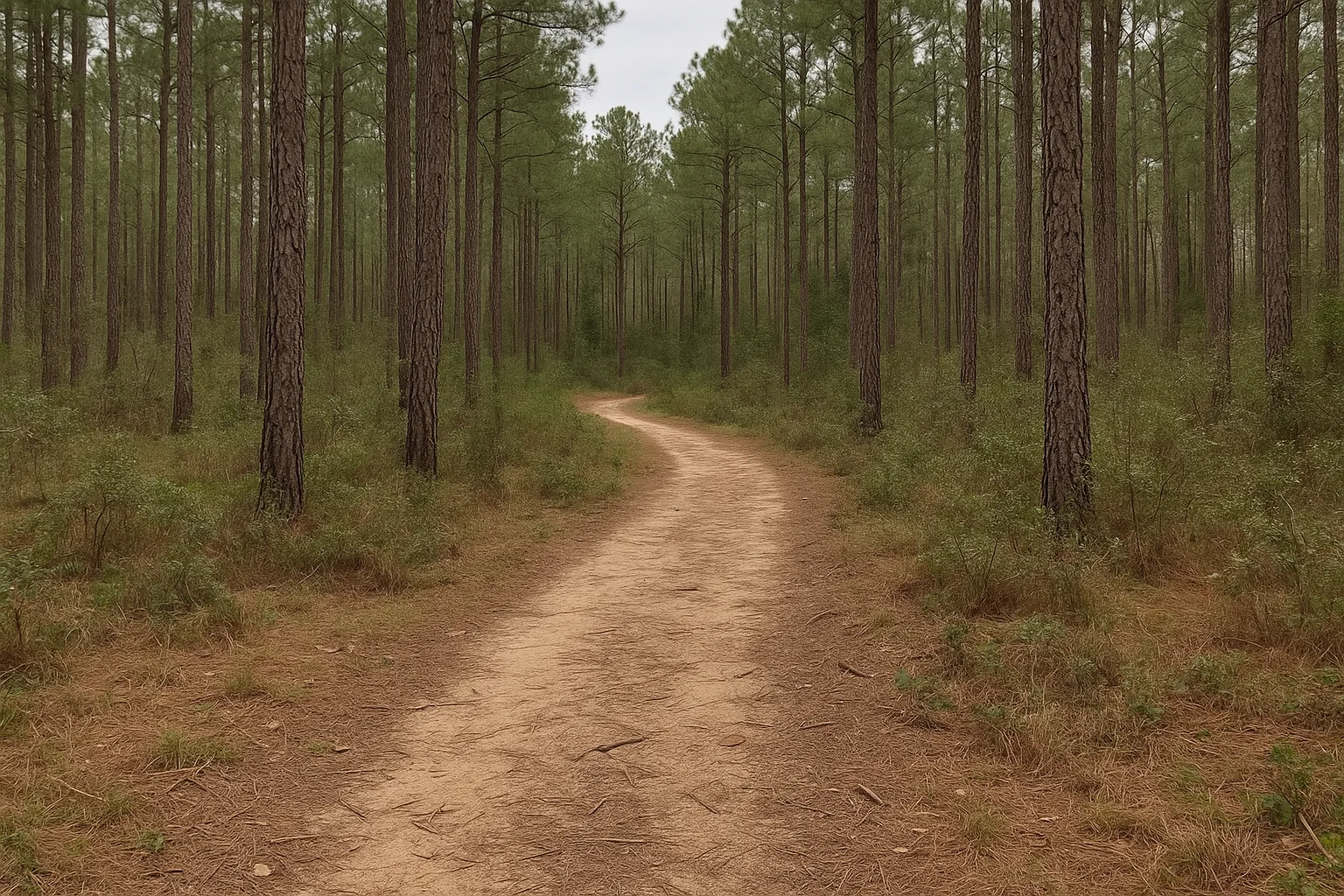 Misty Louisiana trail at sunrise with Spanish moss